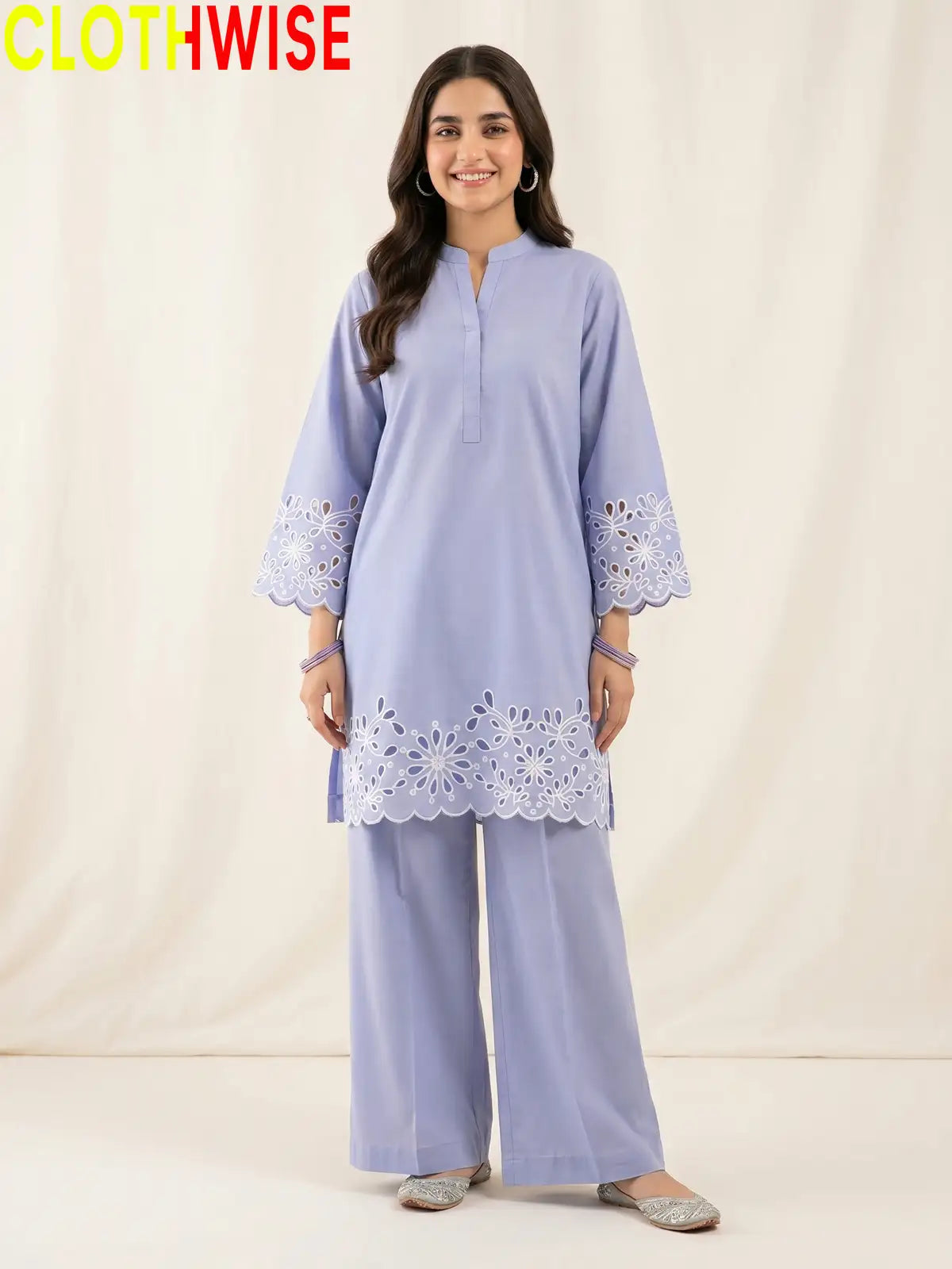 Aserin Laser Cutwork Cotton Suit | Embroidered Kurti with Wide Leg Flapper