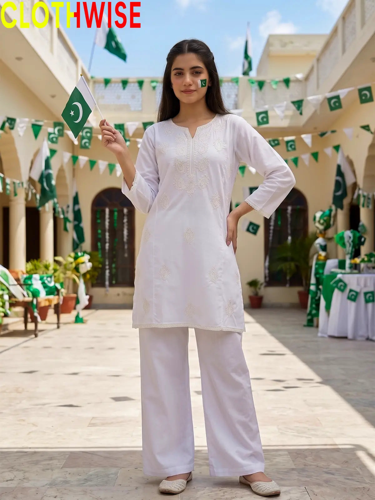 Azadi Indian Whitework Embroidered 2-piece lawn suit, front standing view