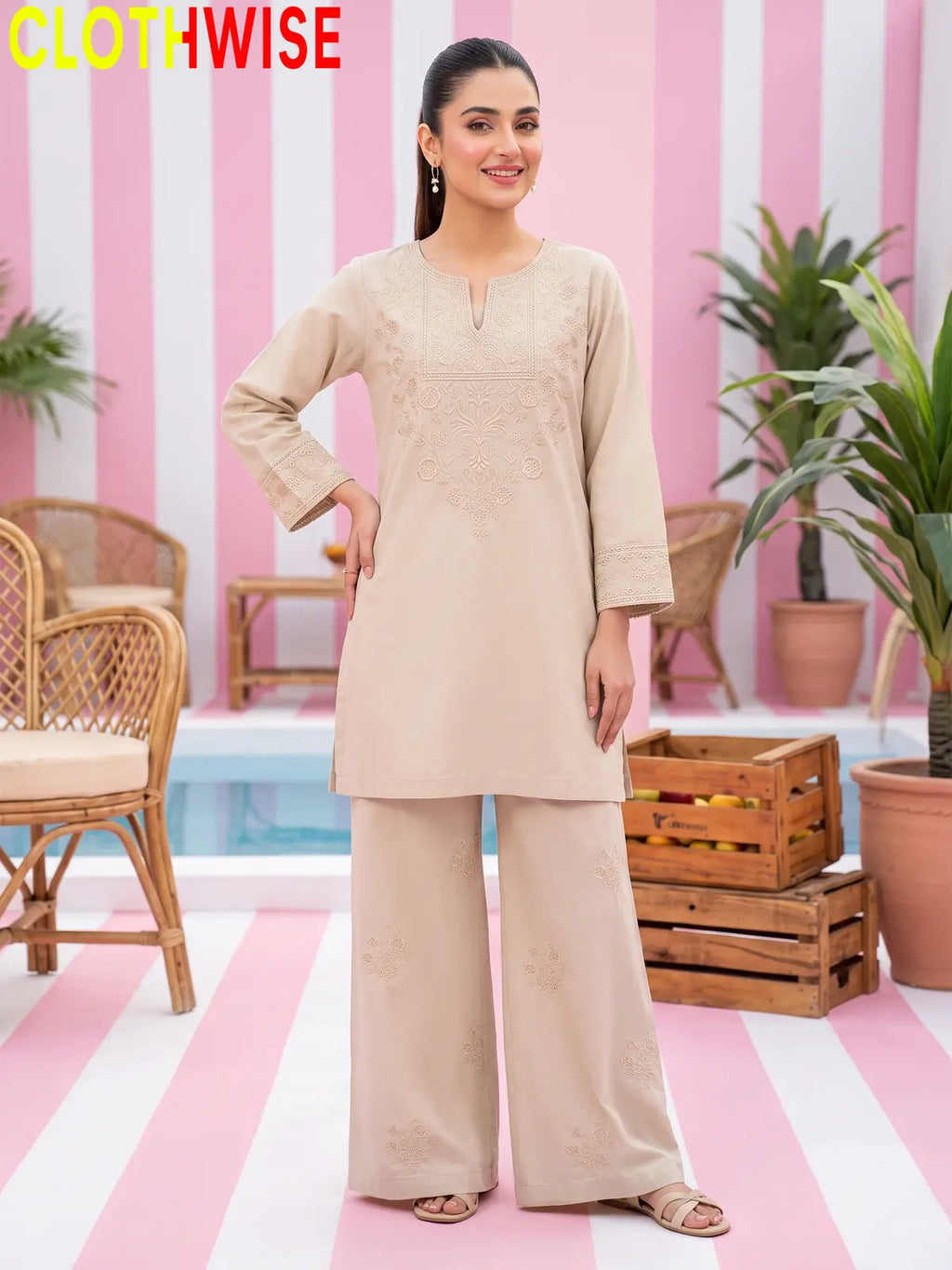Ebony – Embroidered Cotton Kurta with Embroidered Wide-Leg Palazzo | 2Pc Suit