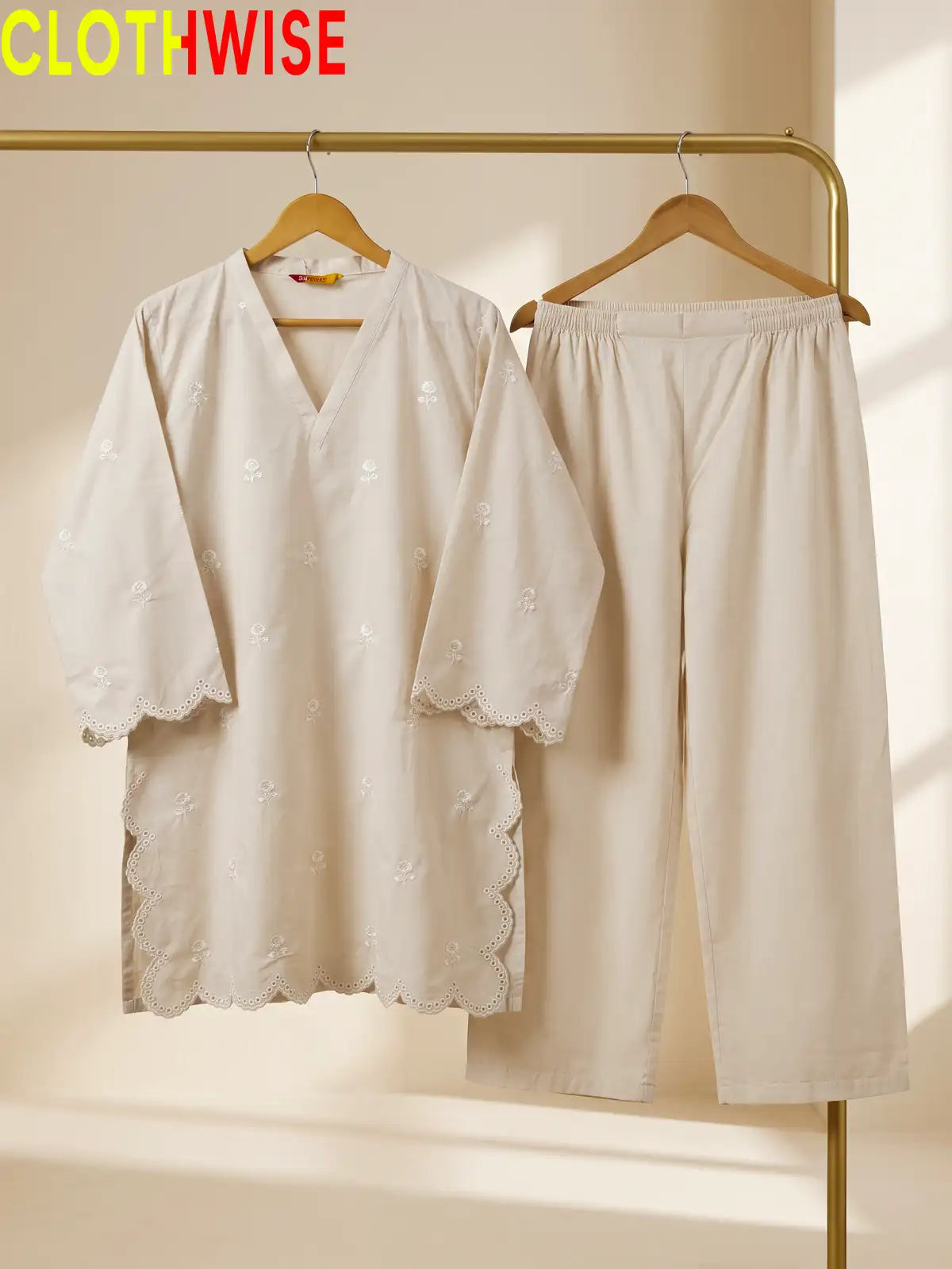 Mehr Ivory embroidered 2-piece cotton suit - hanger view