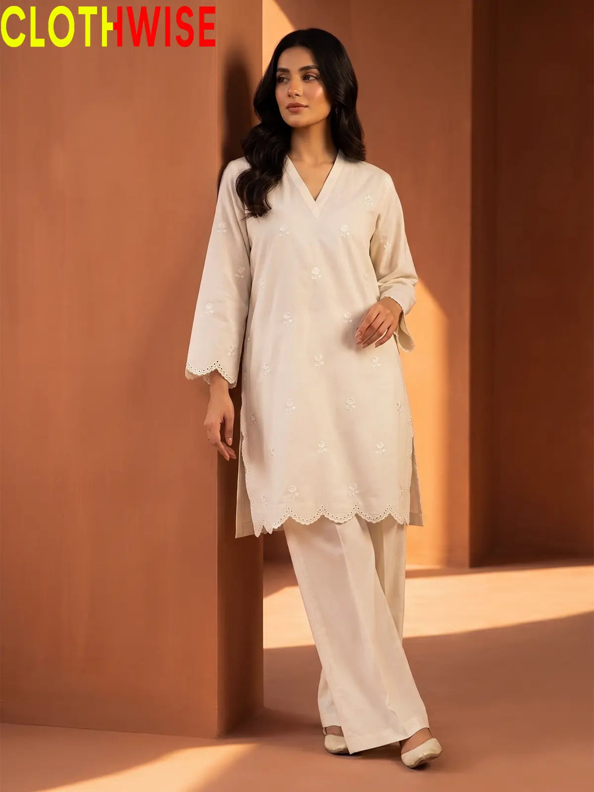 Mehr Ivory embroidered 2-piece cotton suit - standing view