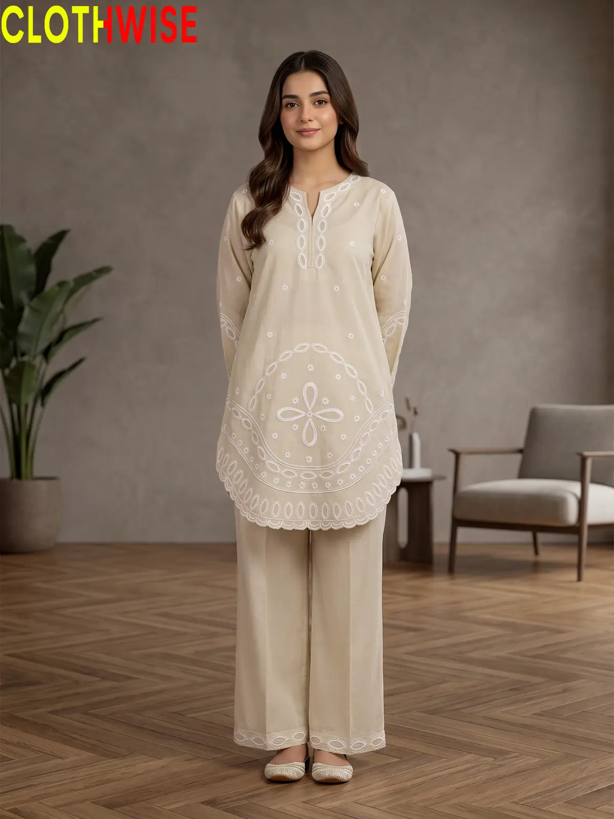 Aarzo embroidered lawn suit ivory front standing view