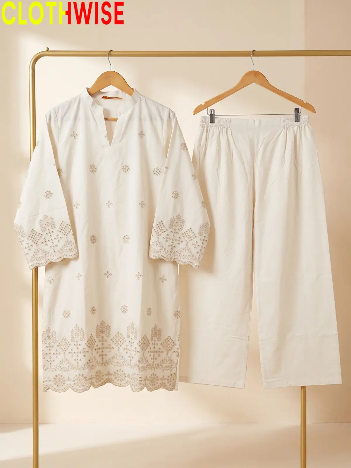 Hijr ChikanKari Eyelet Embroidered Scallop Hem 2 Piece Cotton Suit