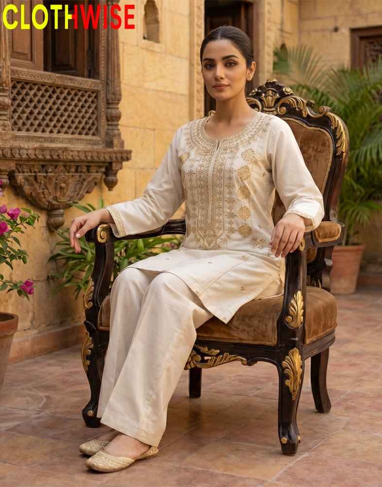 Woman in traditional outfit sitting on an ornate chair with 'CLOTHWISE' branding.