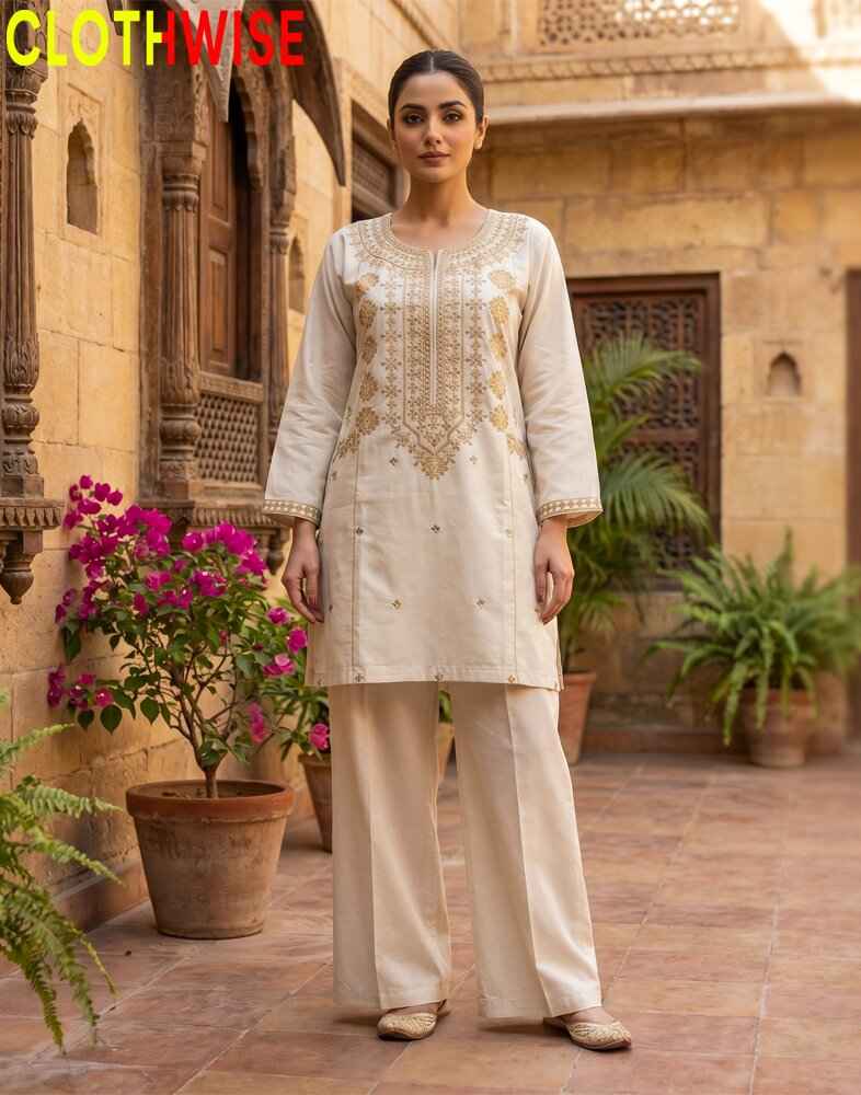 Woman in traditional outfit sitting on an ornate chair with 'CLOTHWISE' branding.