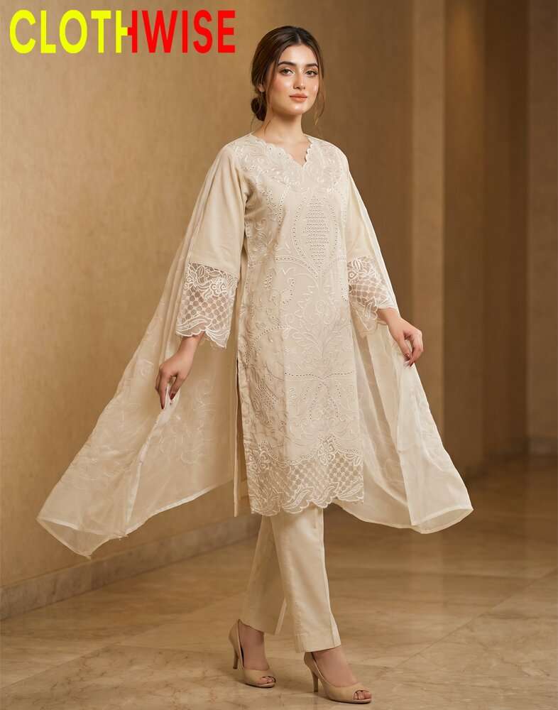 Zartaaj - Ivory Pearl Premium Embroidered 3-Piece Luxury Collection