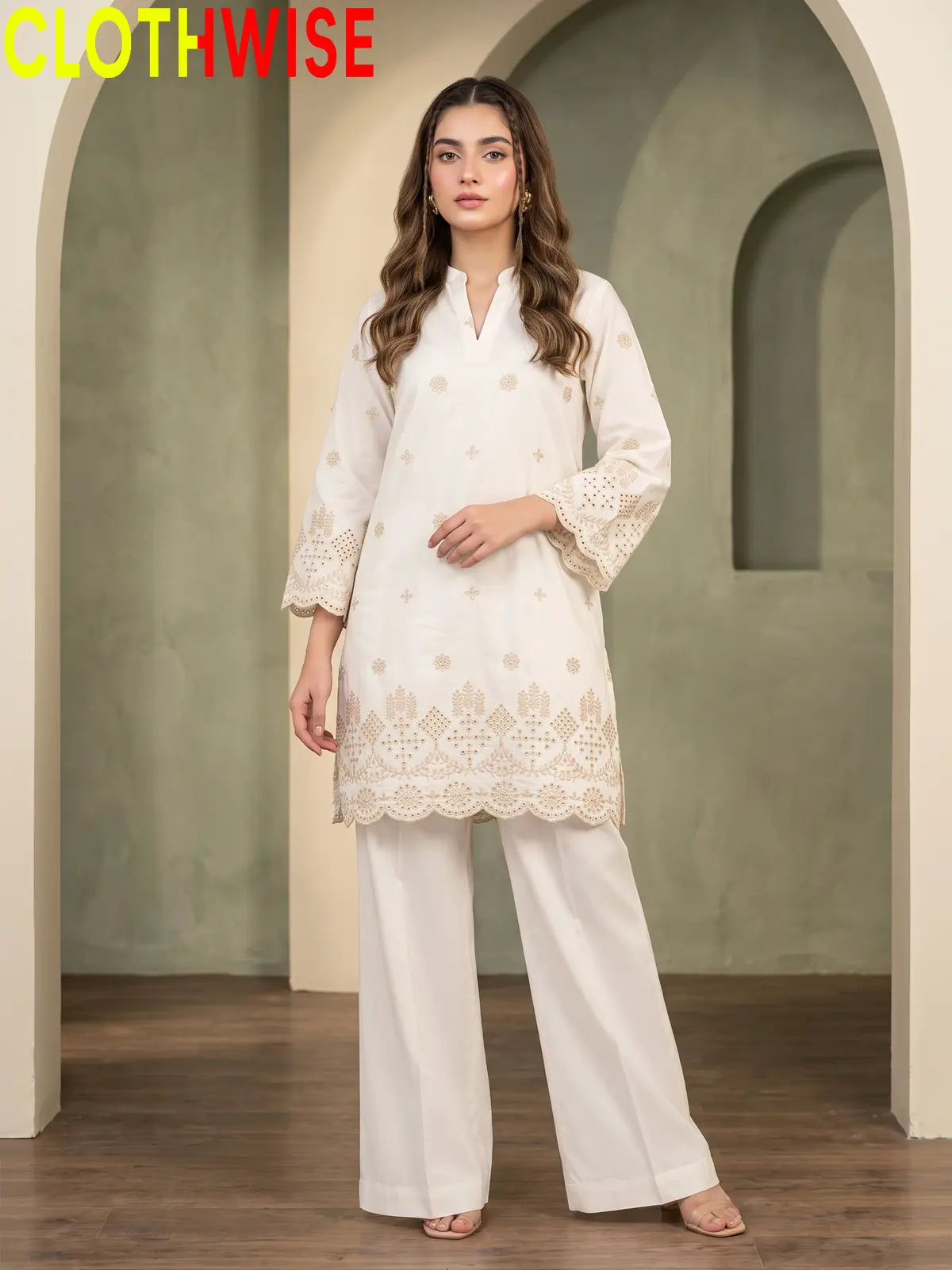 Hijr ChikanKari Eyelet Embroidered Scallop Hem 2 Piece Cotton Suit