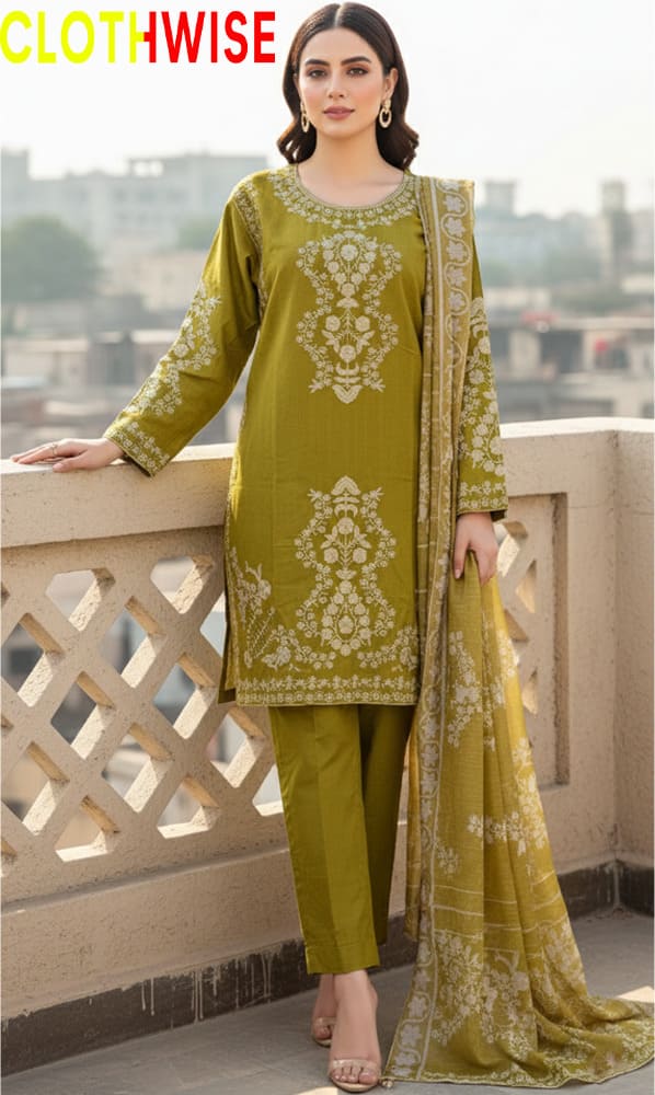 Riwaj – Heavy Embroidered Jacquard Cotton 3-Piece Dhani Suit | Eid Edition