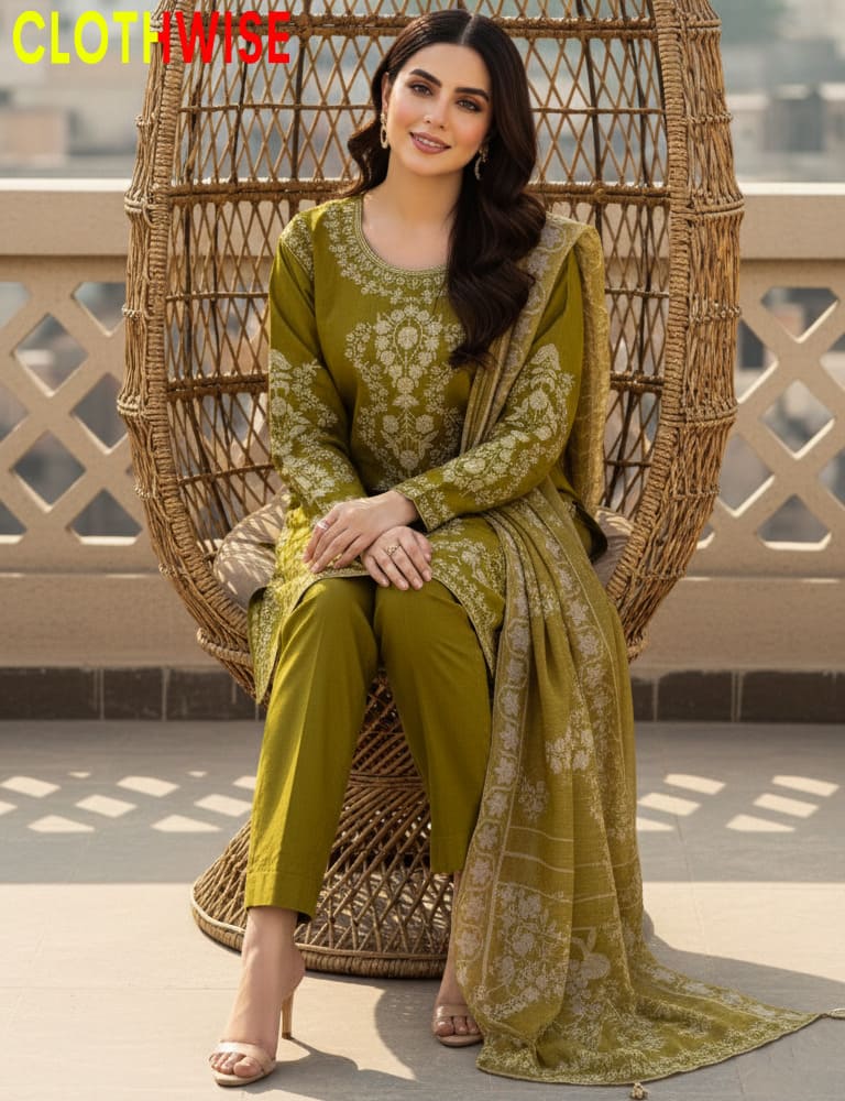 Riwaj – Heavy Embroidered Jacquard Cotton 3-Piece Dhani Suit | Eid Edition