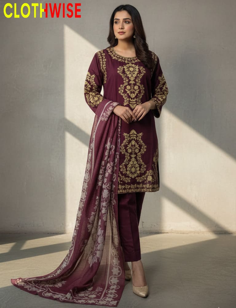 Woman wearing a maroon embroidered outfit with a matching dupatta, standing against a plain background.