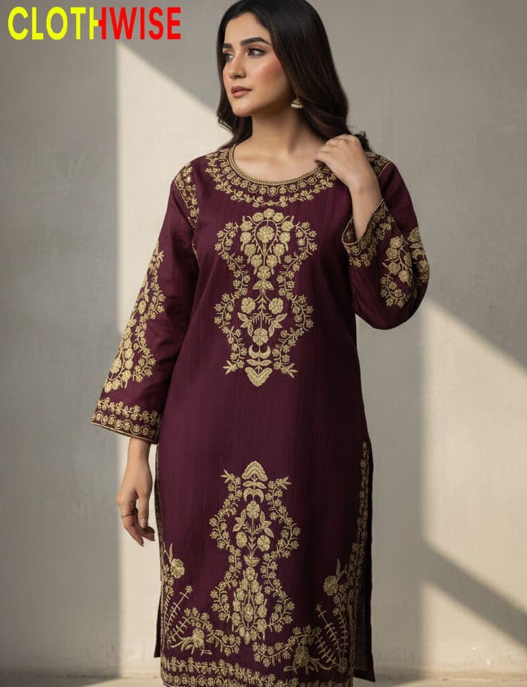 Woman wearing a maroon embroidered dress with gold patterns against a neutral background, branded 'CLOTHWISE'.