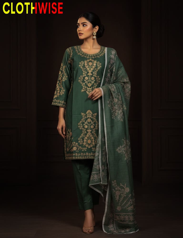 Woman wearing a green embroidered outfit with a dark background, featuring the brand 'Clothwise'.