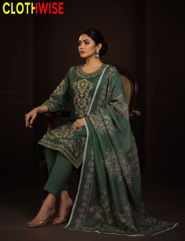 Woman wearing a green traditional outfit with a matching dupatta, sitting on a dark background.