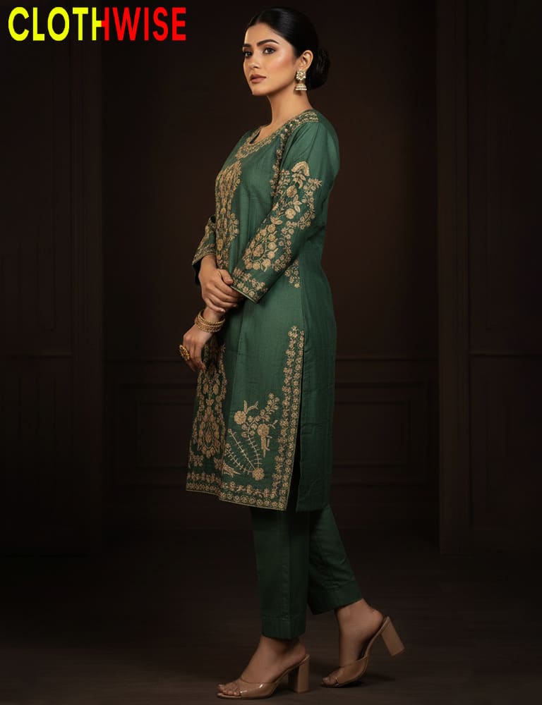 Woman wearing a green embroidered outfit with 'CLOTHWISE' branding.