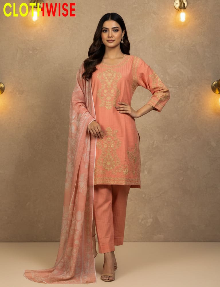 Woman wearing a peach-colored traditional outfit with a sheer dupatta against a beige background, branded 'Clothwise'.