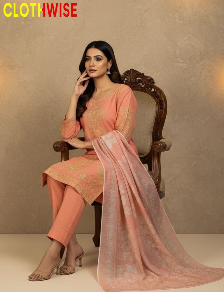Woman in peach traditional outfit with dupatta sitting on a chair, brand 'ClothWise' visible.
