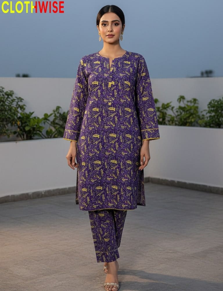 Woman wearing a purple patterned outfit on a rooftop with 'CLOTHWISE' branding.