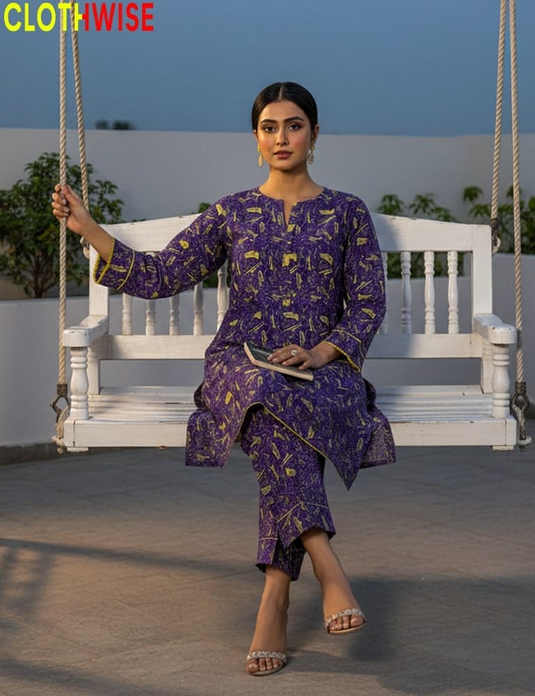 Woman in a purple traditional outfit sitting on a white swing with 'CLOTHWISE' branding.