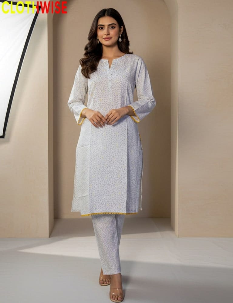 Woman wearing a light gray traditional outfit with a beige background, featuring the brand 'Clothwise'.