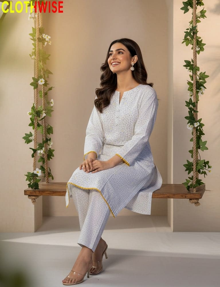 Woman sitting on a swing with floral decorations, wearing a light blue traditional outfit.