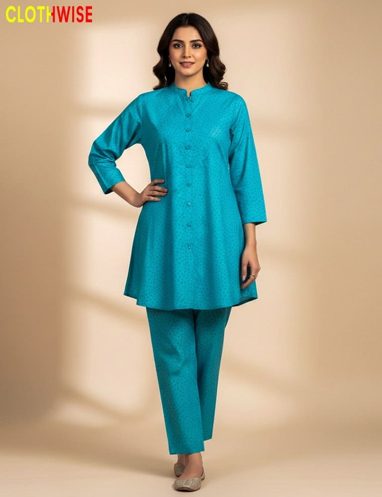 Woman wearing a teal kurta with pants on a beige background, with 'CLOTHWISE' branding.