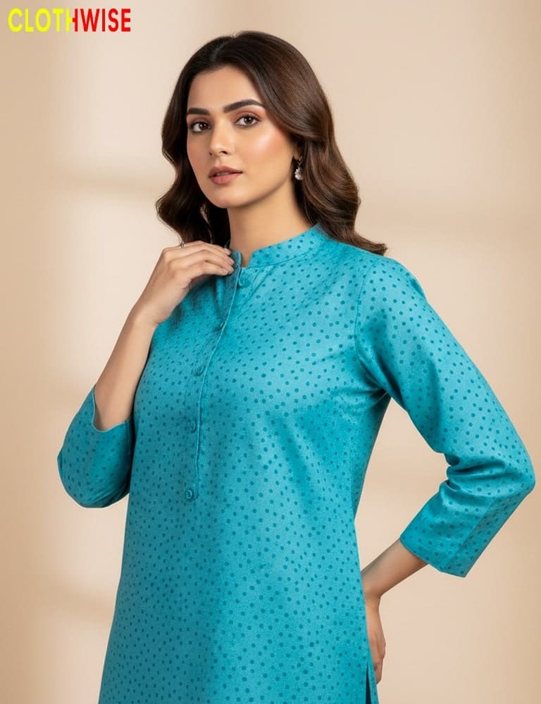Woman wearing a blue kurta with a beige background, branded 'ClothWise'.