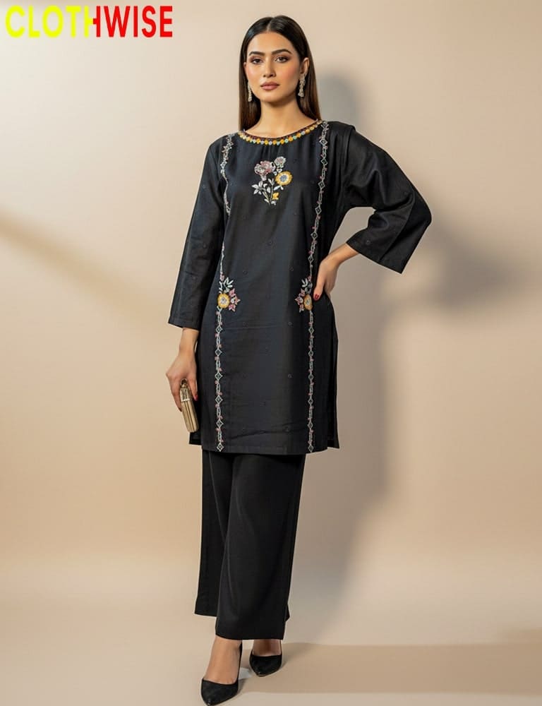 Woman wearing a black embroidered outfit with 'ClothWise' branding on a beige background