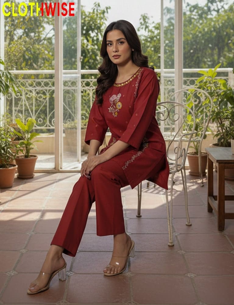 Woman in a red outfit sitting on a chair with plants and a table in the background, branded 'CLOTHWISE'.