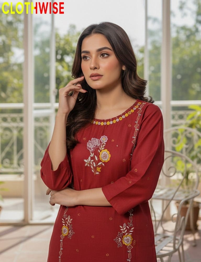 Husn-e-Sarma – Embroidered Khaddar Maroon Co-Ord Set by Clothwise