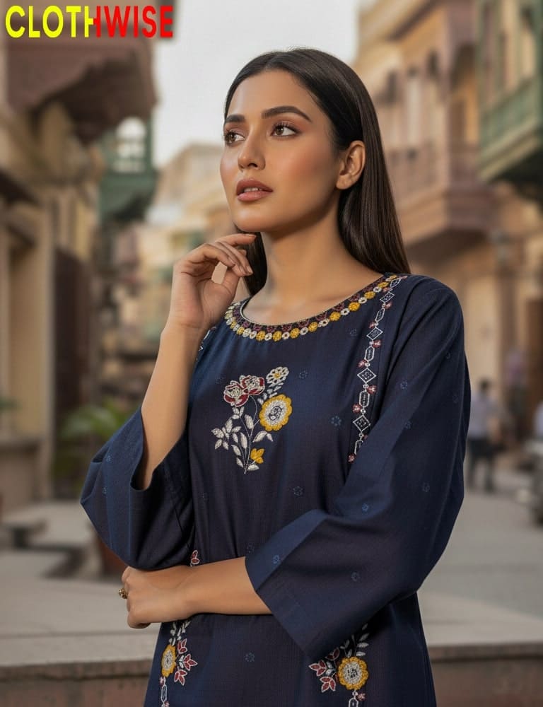Woman wearing a dark blue embroidered dress with a blurred street scene in the background, featuring the brand 'Clothwise'.