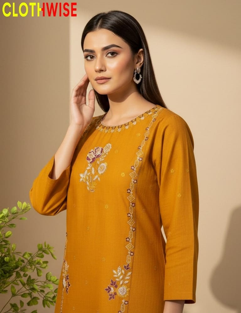 Woman wearing a mustard yellow embroidered dress with a beige background, featuring the brand 'Clothwise'.