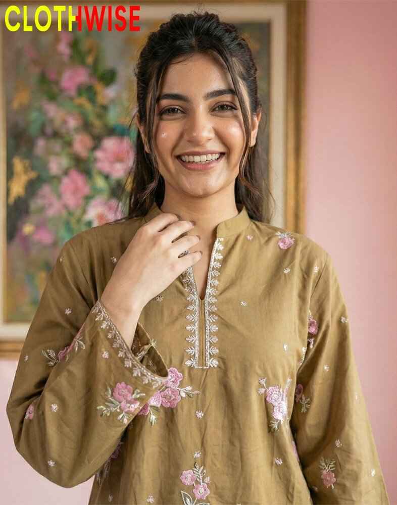 Marias - Nankeen Floral Embroidered Cotton Co-ord Set | Kurti & Palazzo | Clothwise - Pakistani Women Pret | CLOTHWISE