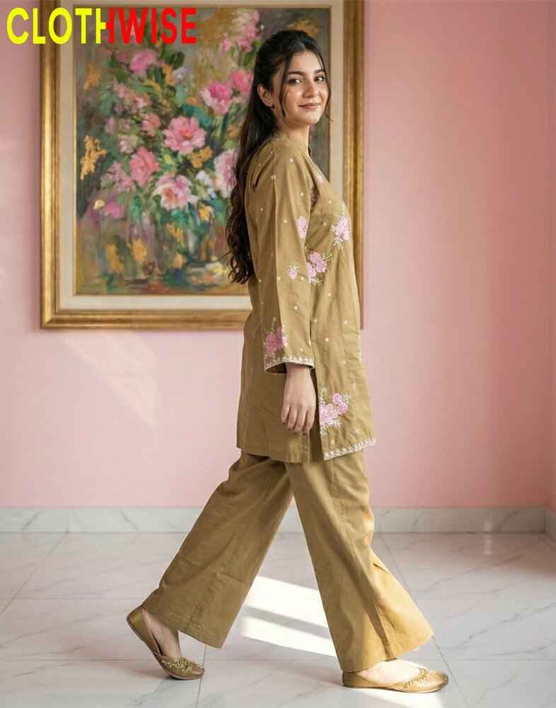 Marias - Nankeen Floral Embroidered Cotton Co-ord Set | Kurti & Palazzo | Clothwise - Pakistani Women Pret | CLOTHWISE