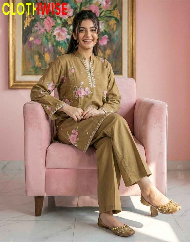 Marias - Nankeen Floral Embroidered Cotton Co-ord Set | Kurti & Palazzo | Clothwise - Pakistani Women Pret | CLOTHWISE