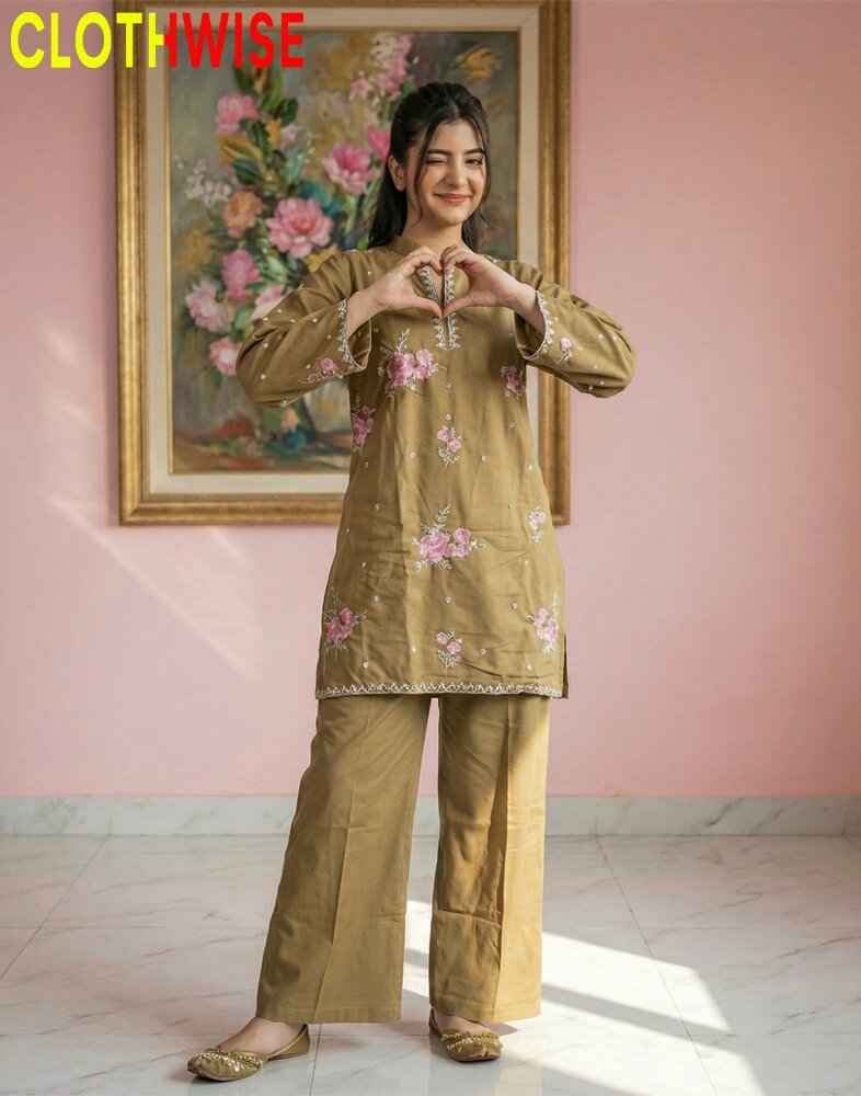 Marias - Nankeen Floral Embroidered Cotton Co-ord Set | Kurti & Palazzo | Clothwise - Pakistani Women Pret | CLOTHWISE