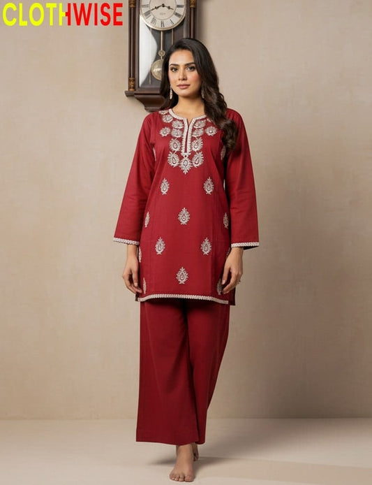 Modern embroidered cotton two piece suit for girls by Clothwise