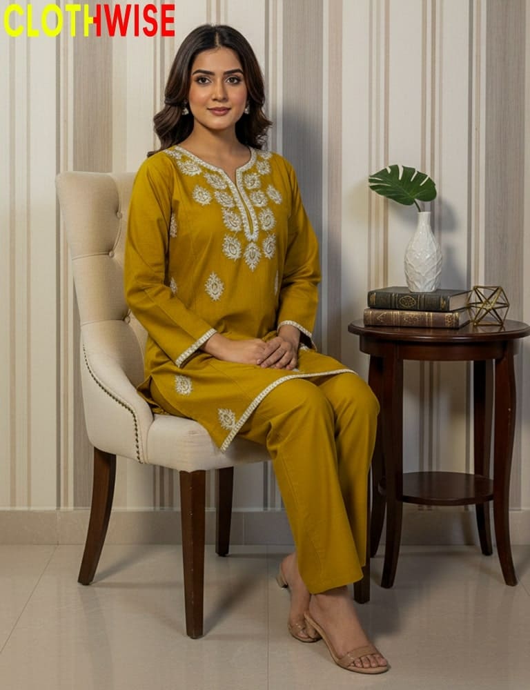 Women embroidered cotton co ord set stitched two piece outfit