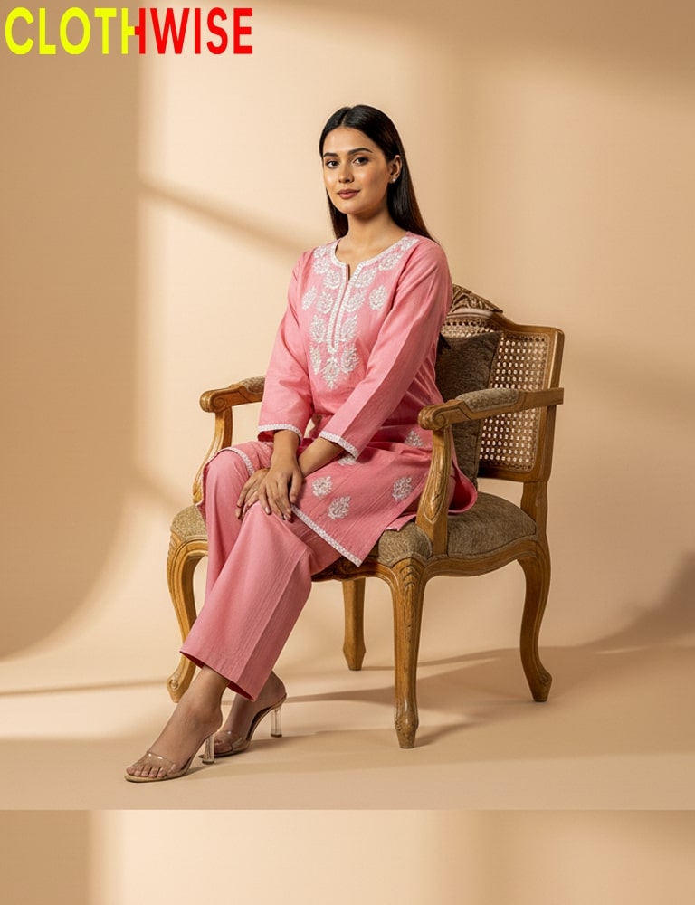 Woman in a pink outfit sitting on a wooden chair with 'CLOTHWISE' branding.