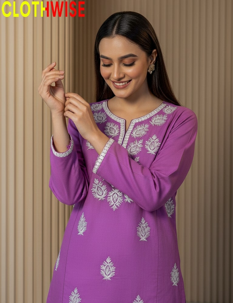 Woman wearing a purple embroidered kurta against a beige background, with 'CLOTHWISE' branding.