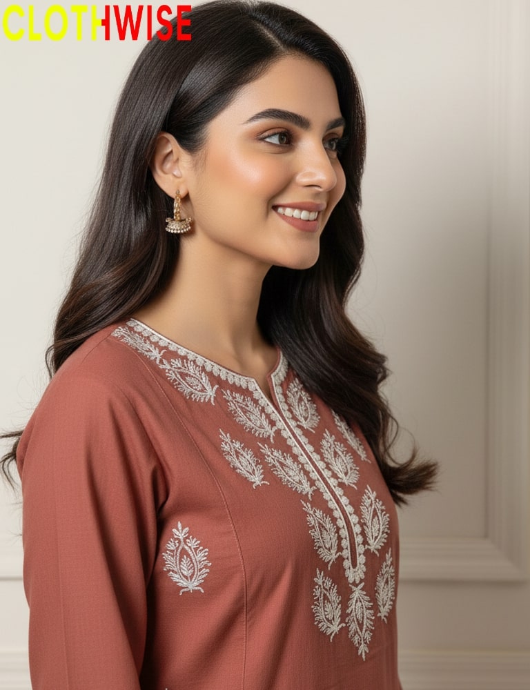 Woman wearing a brown embroidered top with 'CLOTHWISE' branding.