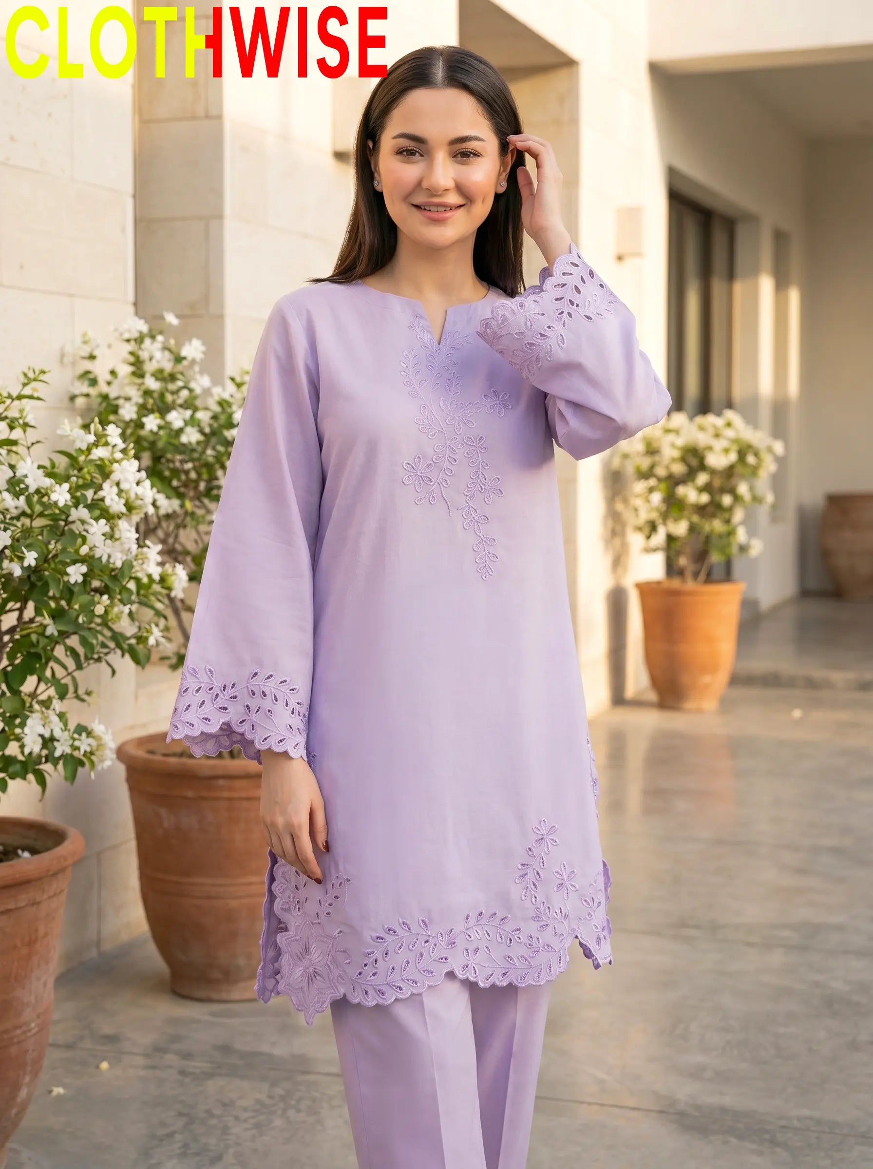 Gulkari Lavender Embroidered Co-ord Set Closeup – Cutwork Daman Detail by Clothwise