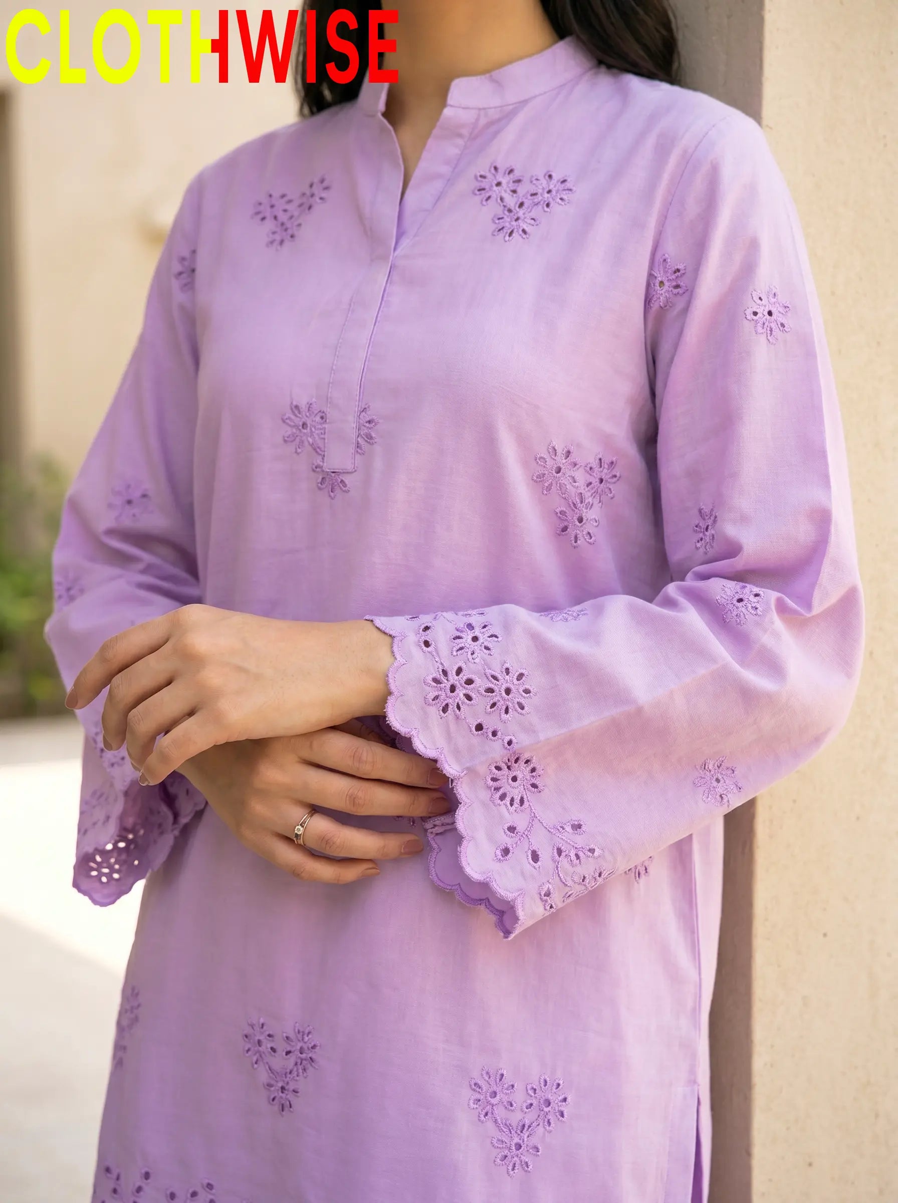 Zimal Lavender Chikankari Embroidery Closeup – Cutwork Daman Detail | Clothwise