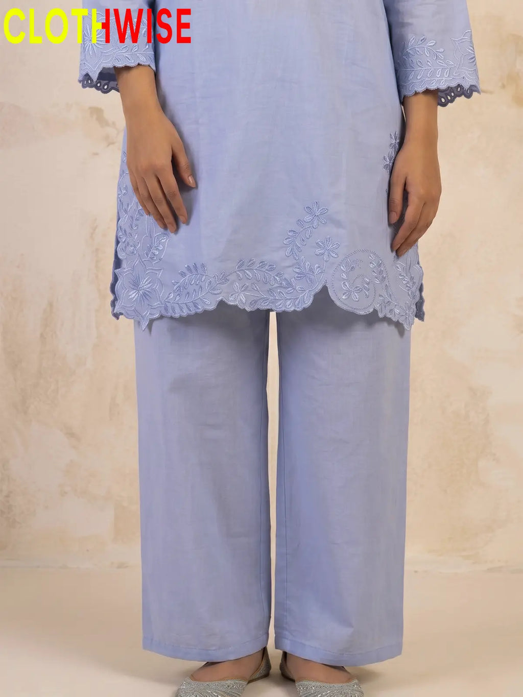 Gulkari chikankari embroidered cotton co-ord set in Lavender - close-up daman detail