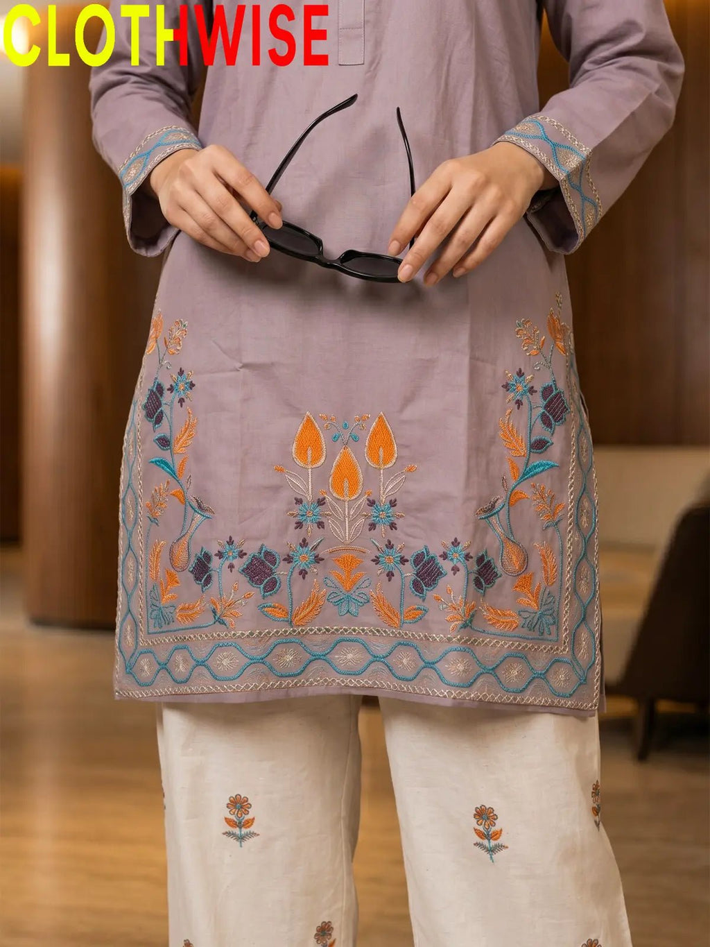 Shajar – Lavender Grey 2-Piece Stitched Cotton Suit | Embroidered Top & Bottom with Flapper - Pakistani Women Pret | CLOTHWISE