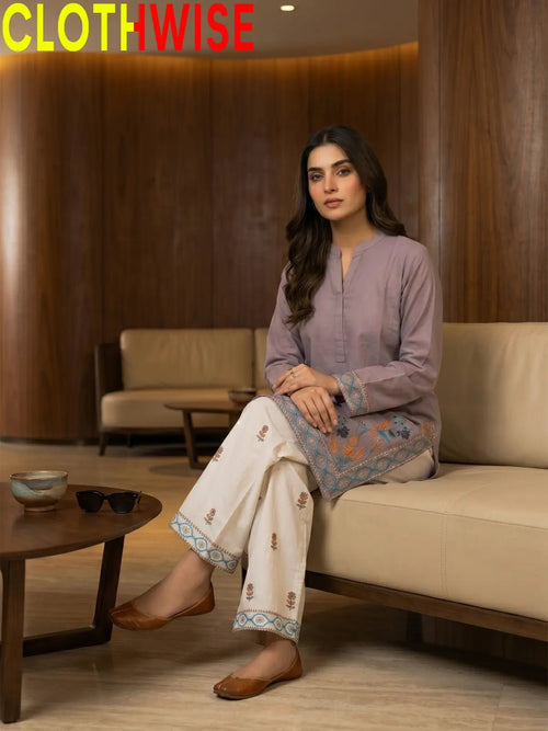 Shajar – Lavender Grey 2-Piece Stitched Cotton Suit | Embroidered Top & Bottom with Flapper - Pakistani Women Pret | CLOTHWISE