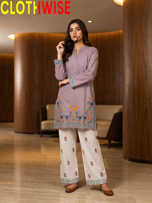 Shajar – Lavender Grey 2-Piece Stitched Cotton Suit | Embroidered Top & Bottom with Flapper - Pakistani Women Pret | CLOTHWISE