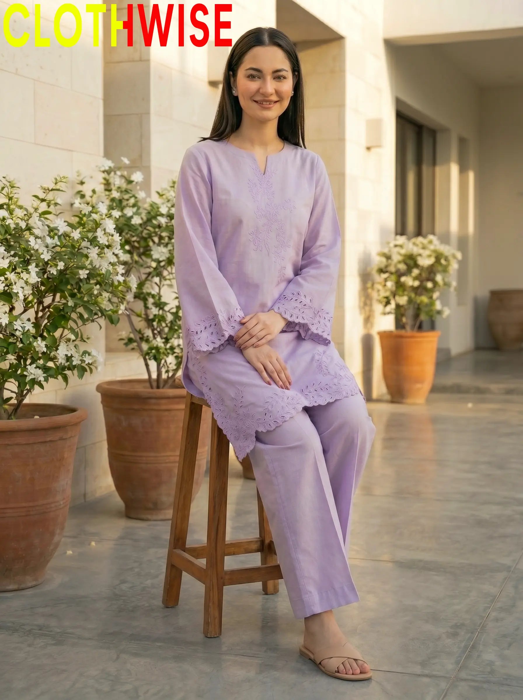 Gulkari Lavender Embroidered Suit with Flapper Bottom Sitting View – Clothwise