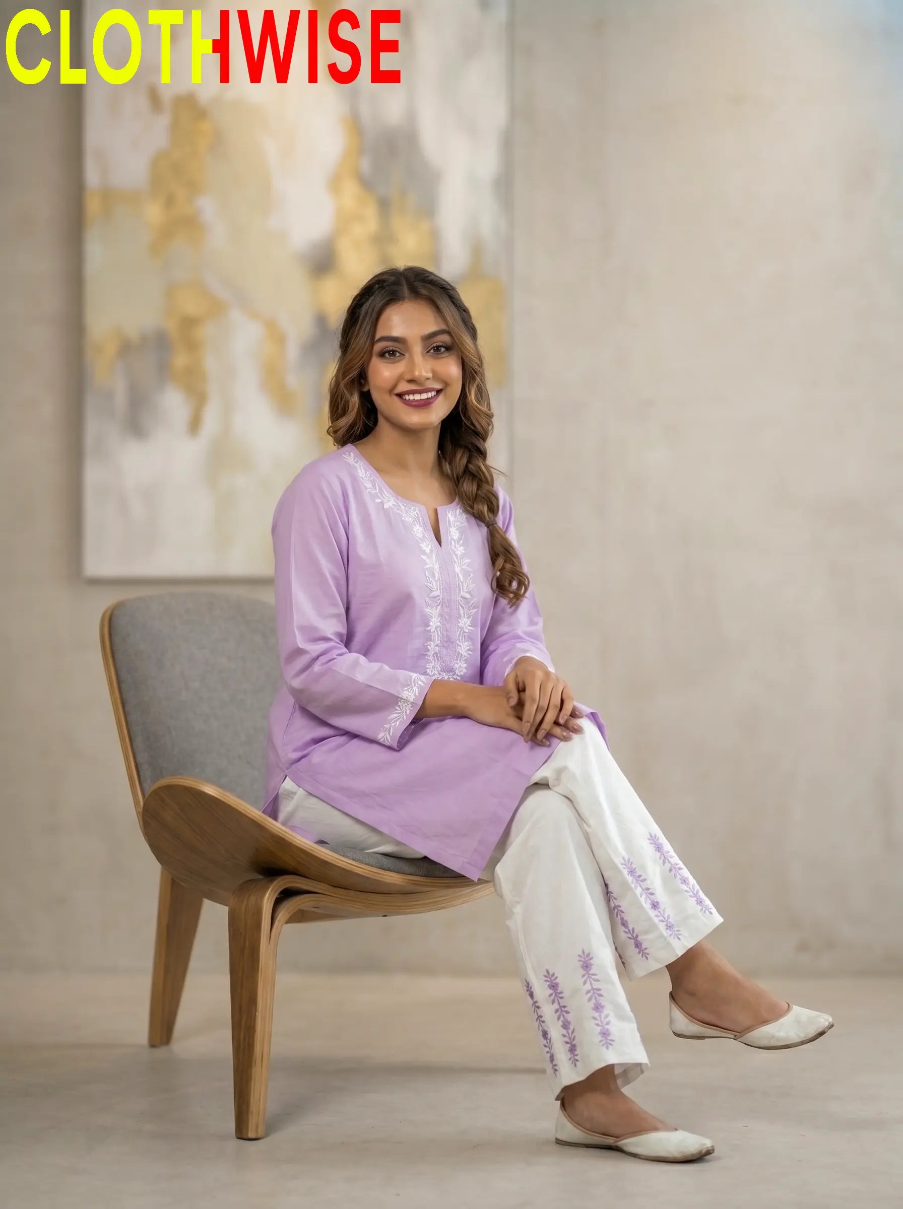 Naqsh Lavender Embroidered Cotton Co-ord Set Sitting View – Clothwise