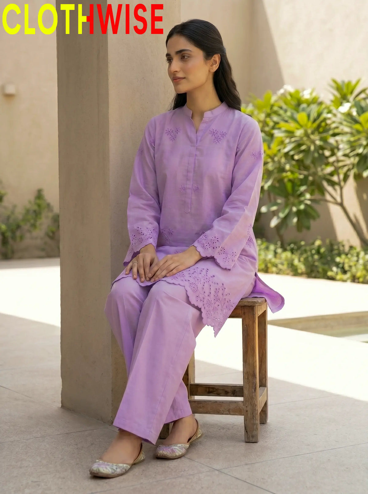Zimal Lavender Chikankari 2-Piece Cotton Suit – Sitting Pose | Clothwise