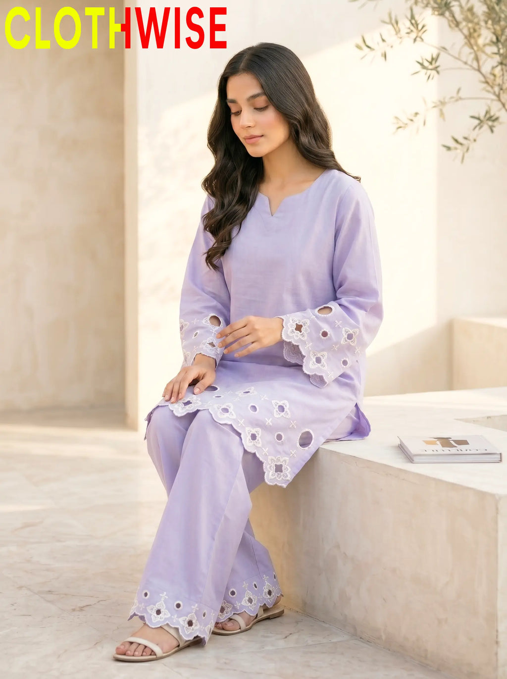 SAYA Lavender Chikankari Co-Ord Set - Sitting Pose Full View